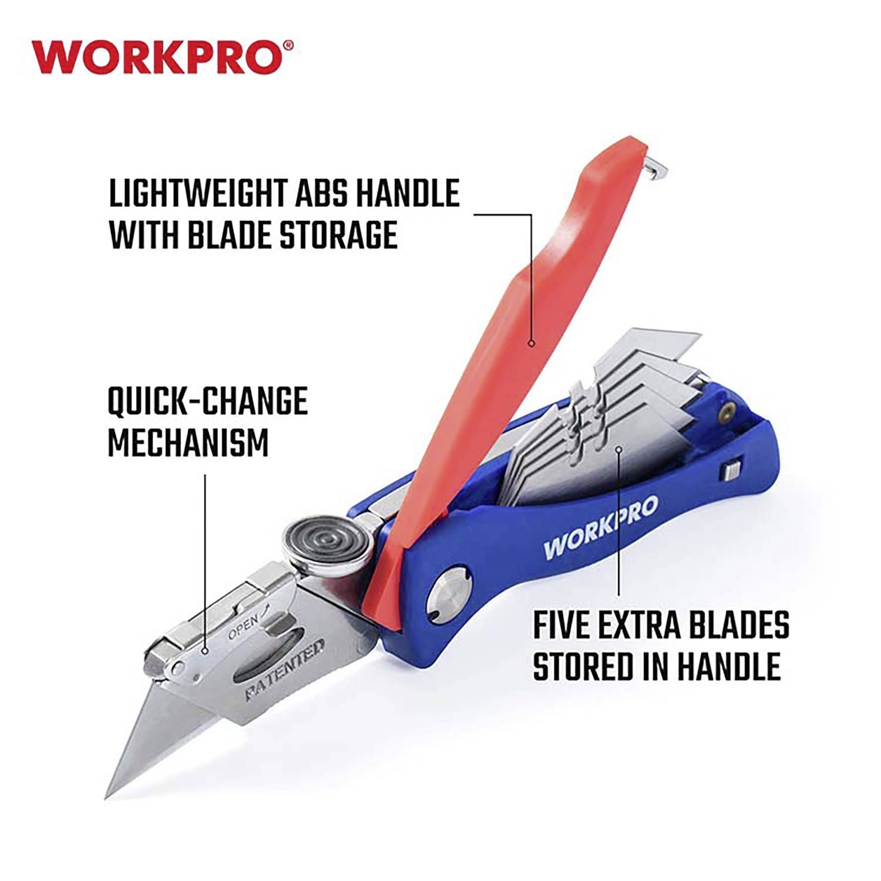 Ein Arbeitsmesser von WORKPRO mit rotem Griff und fünf zusätzlichen Klingen im Griff. Es hat einen Schnellwechselmechanismus.