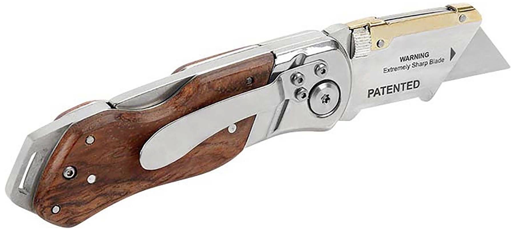 Klappmesser mit Holzgriff, silbernen Metallteilen und Gravuren 'PATENTED' und 'WARNING Extremely Sharp Blade'.