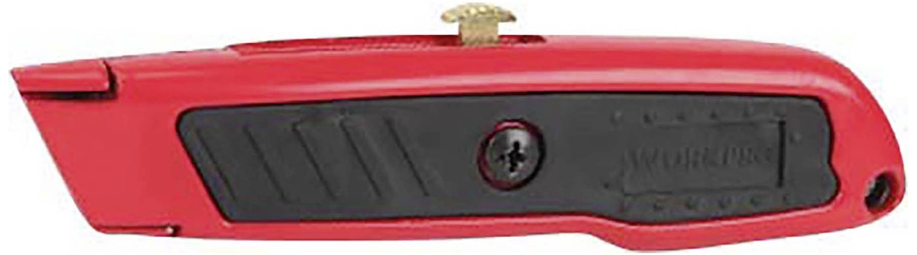 Rotes Universalmesser mit schwarzem Griff und einfahrbarer Klinge. Oben befindet sich eine Schraube zur Klingenverstellung.