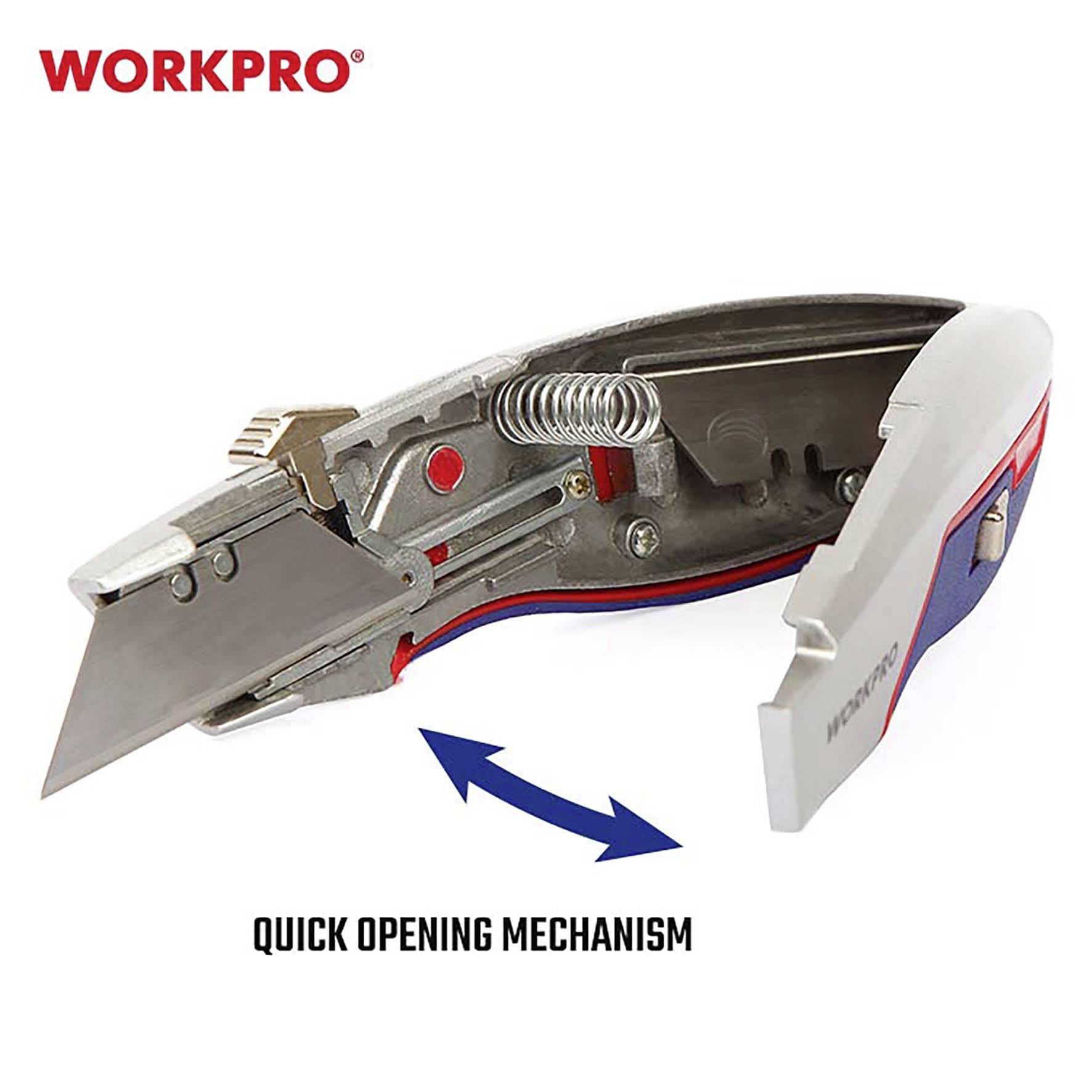 Arbeitsmesser mit schwenkbarem Klingenfach, Federmechanismus und schnellem Öffnungsmechanismus. Markenname 'WORKPRO' sichtbar.