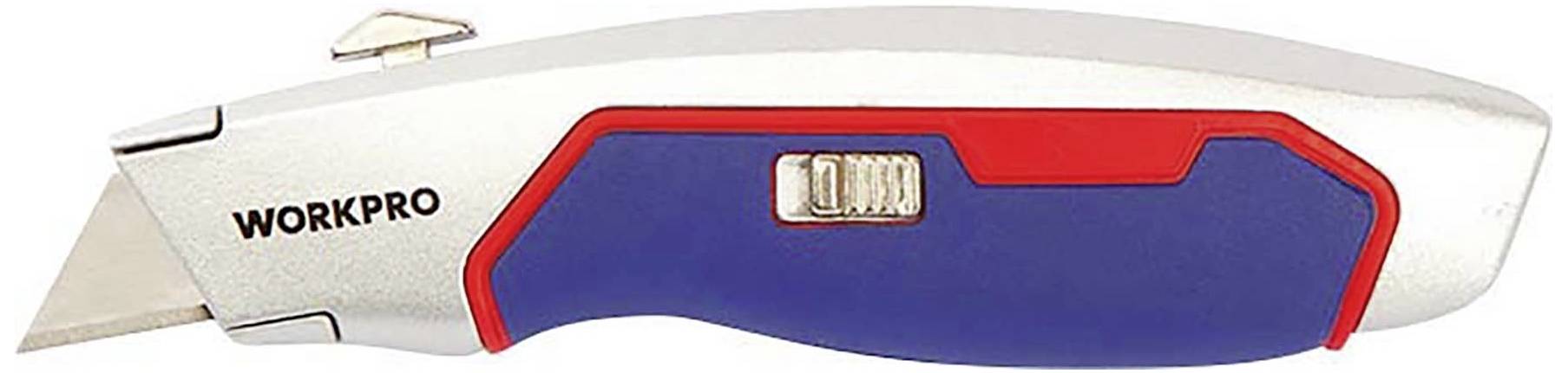 Ein blau-rotes Cuttermesser mit rotem Schiebeknopf, silberner Klinge und der Aufschrift 'WORKPRO' auf dem Griff.