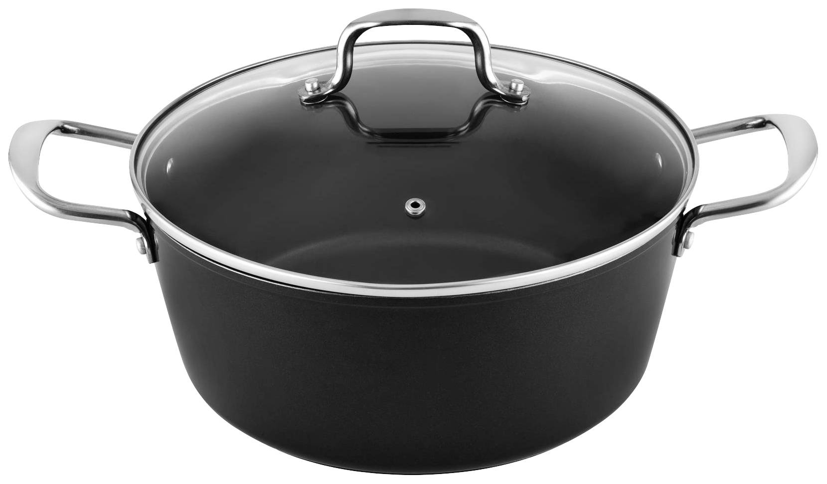 Schwarzer Kochtopf mit Glasdeckel und silbernen Griffen auf weißem Hintergrund. Ideal für das Kochen oder Schmoren von Speisen.