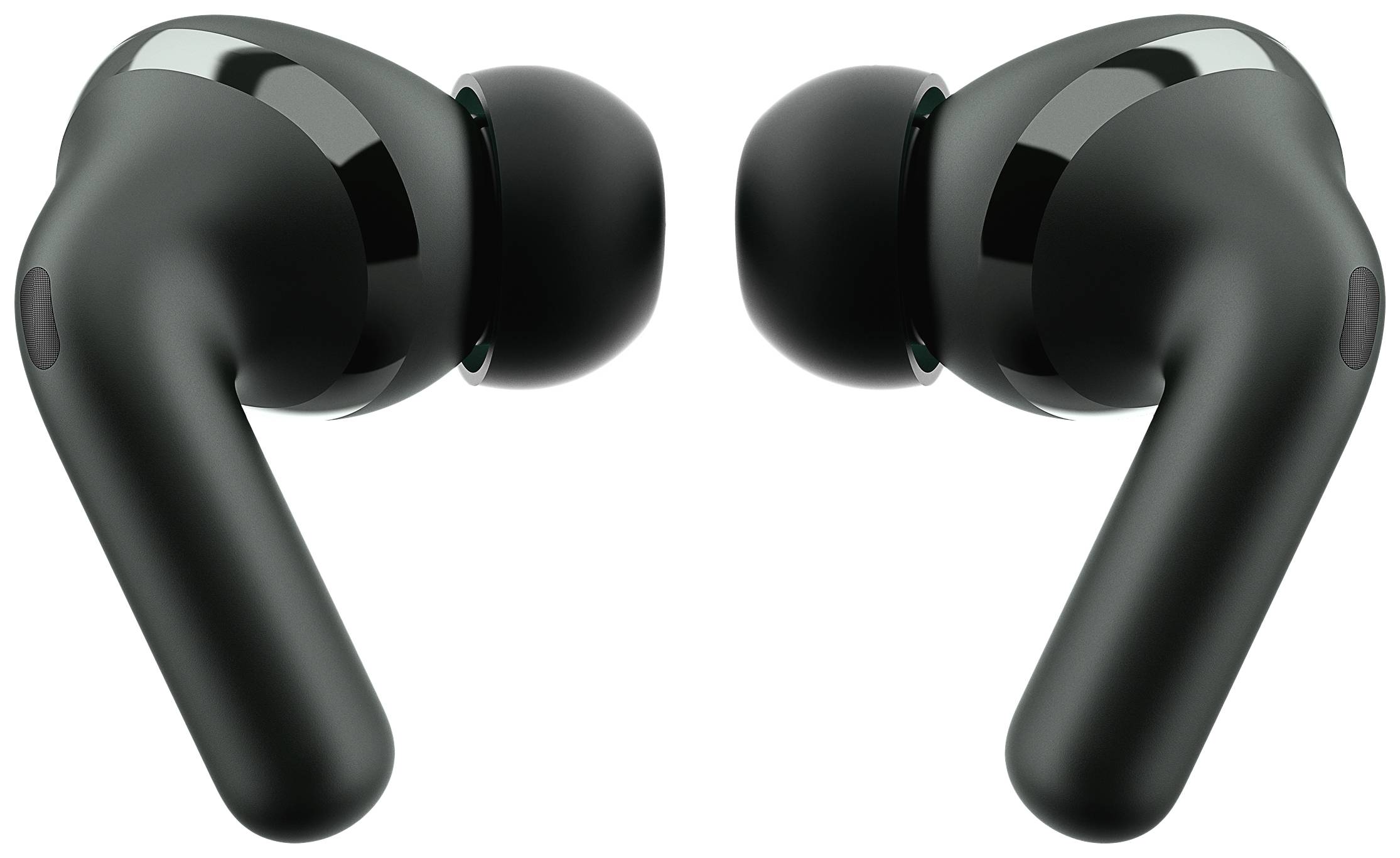 Schwarze kabellose Ohrhörer mit ergonomischem Design und weichen Ohrpolstern, nebeneinander angeordnet.