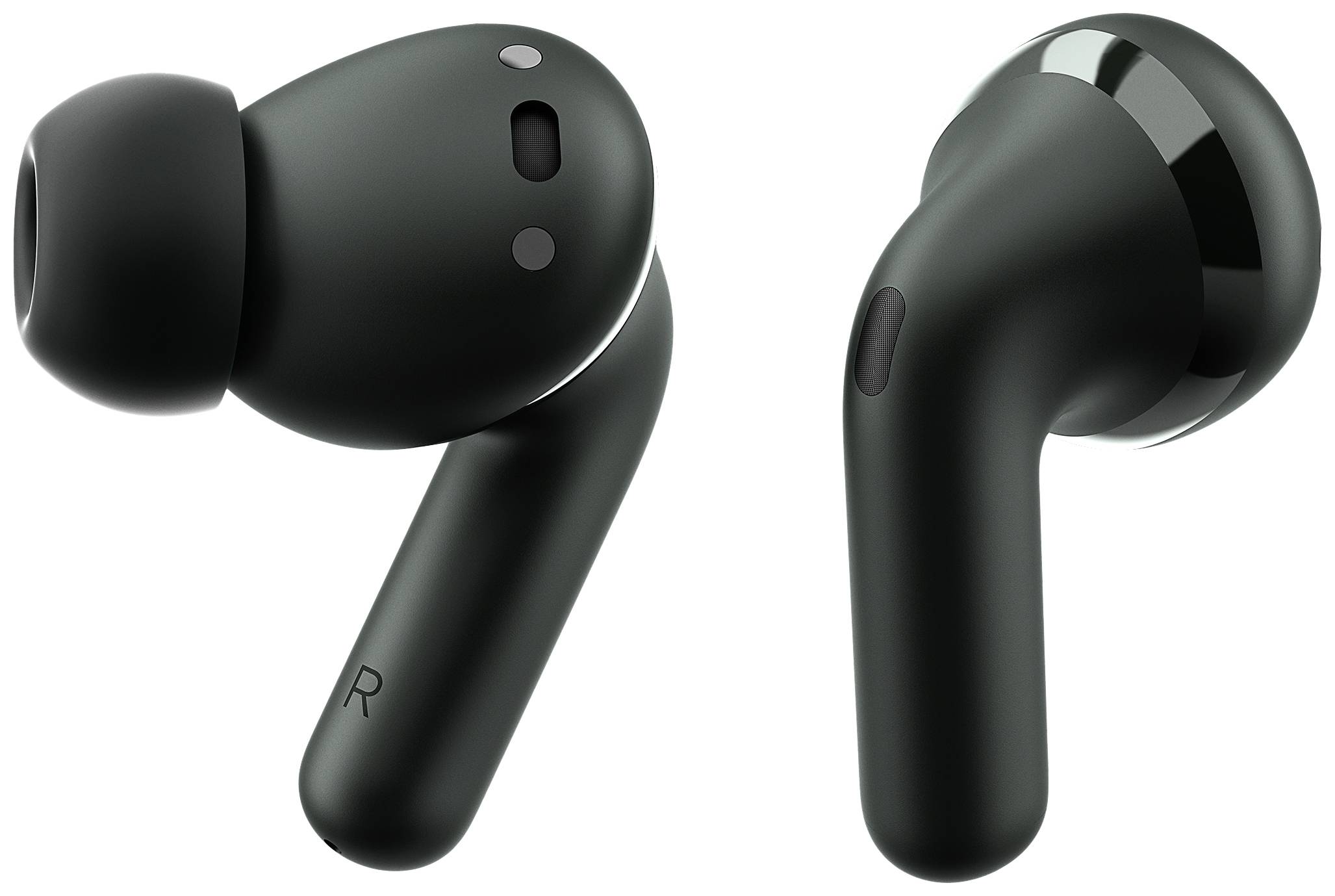 Zwei schwarze, kabellose Ohrhörer mit ergonomischem Design, einer für das rechte und einer für das linke Ohr, auf weißem Hintergrund.