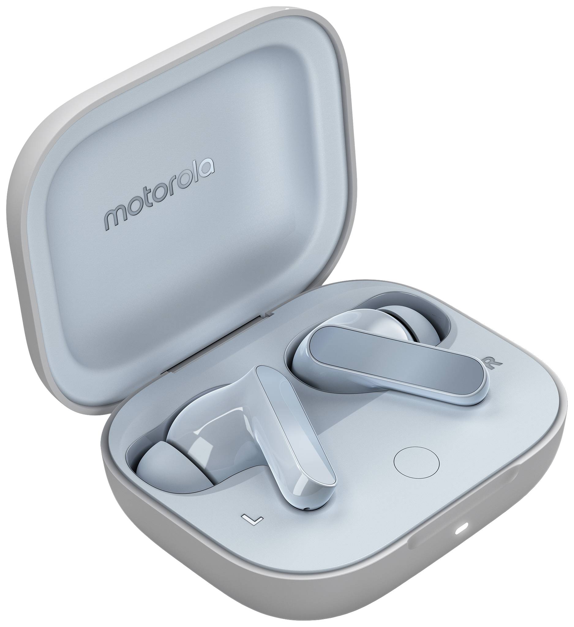 Hellblaue kabellose Ohrhörer von Motorola in einer offenen Ladehülle.