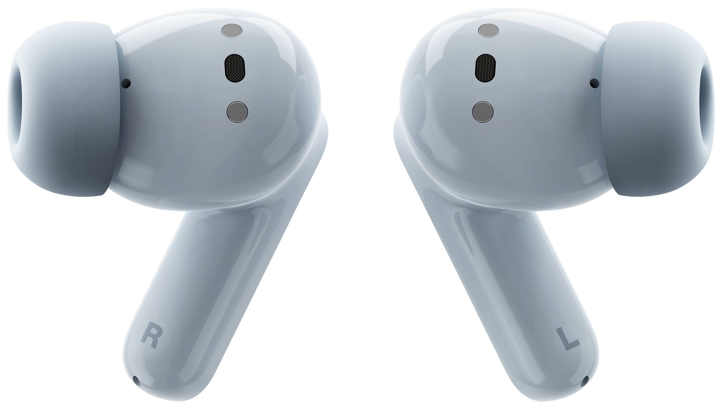 Zwei kabellose, blau-graue Ohrhörer mit Buchstaben 'L' und 'R' zur Kennzeichnung der linken und rechten Seite, isoliert dargestellt.