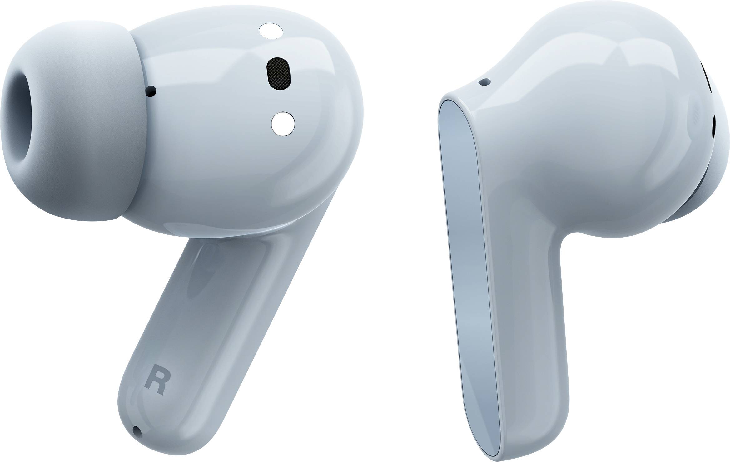 Kabellose, blaue In-Ear-Kopfhörer mit gebogenem Design, jeweils mit einem kleinen L- und R-Indikator für links und rechts.