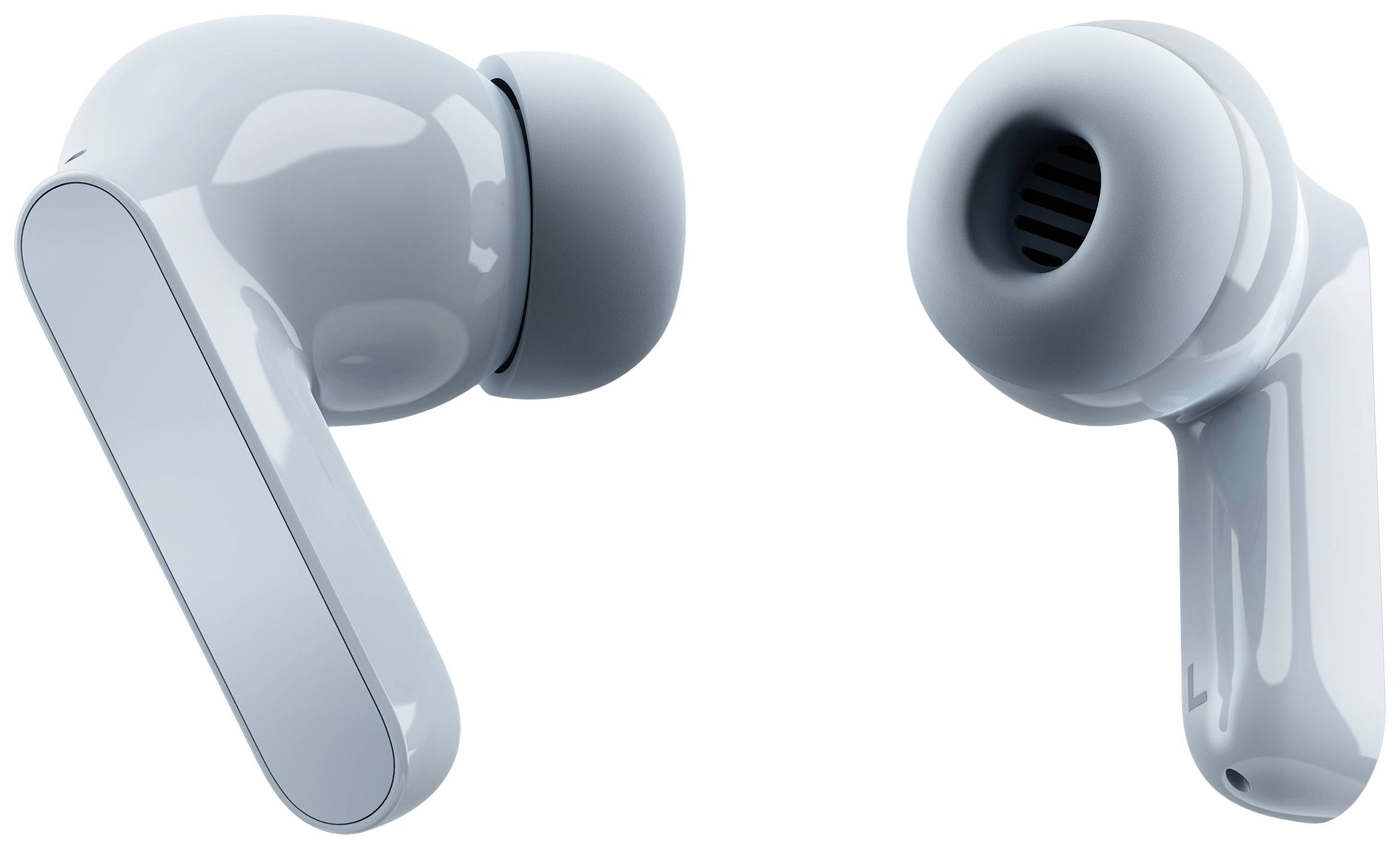 Zwei drahtlose Ohrhörer in Nahaufnahme, links in Seitenansicht, rechts in Rückansicht, glänzend und grau, modernes Design.