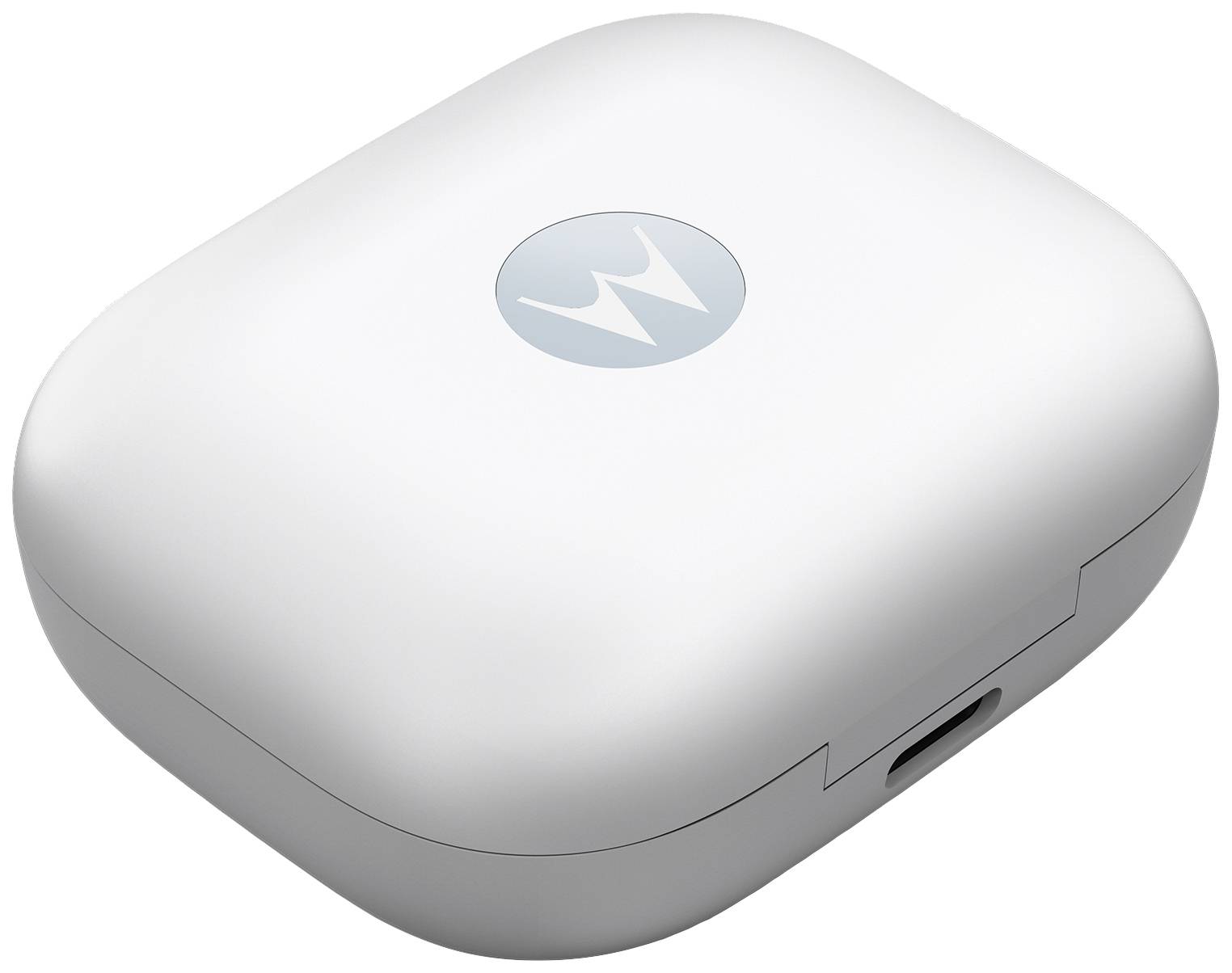 Ein weißes, rechteckiges Ladeetui mit abgerundeten Ecken und einem 'M'-Logo darauf. Es verfügt über einen Ladeanschluss an der Seite.