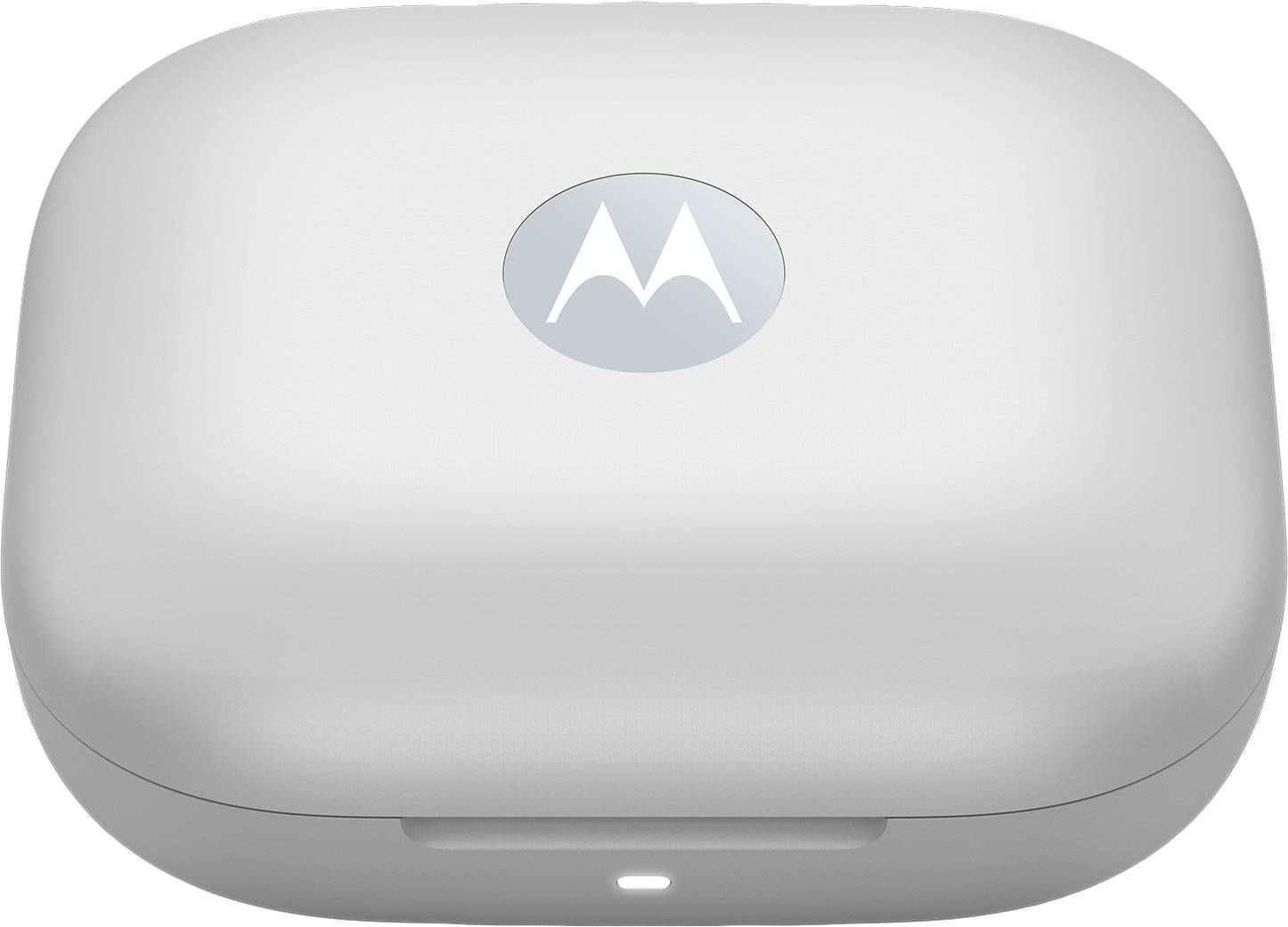 Ein weißes, ovales Ladeetui mit einem grauen Logo auf dem Deckel.