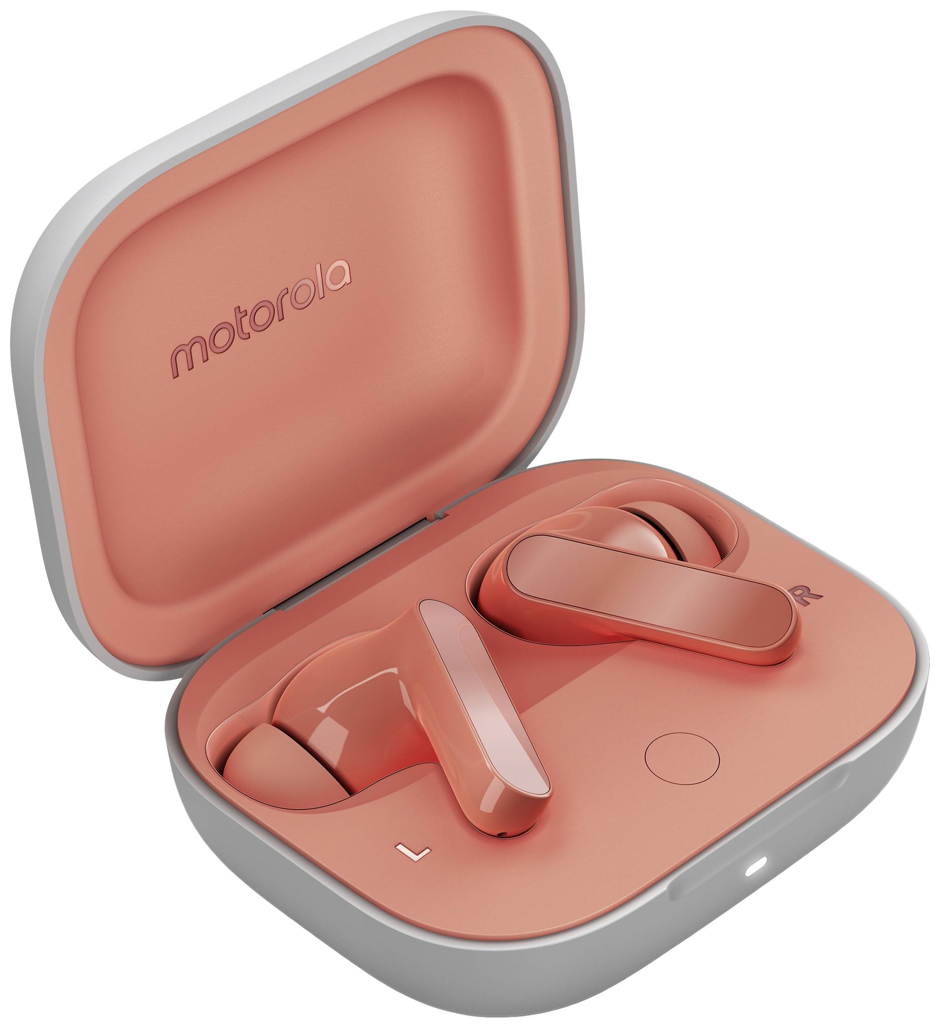 Kabellose orange Ohrhörer in geöffneter Ladehülle mit 'motorola'-Logo, auf grauem Hintergrund.