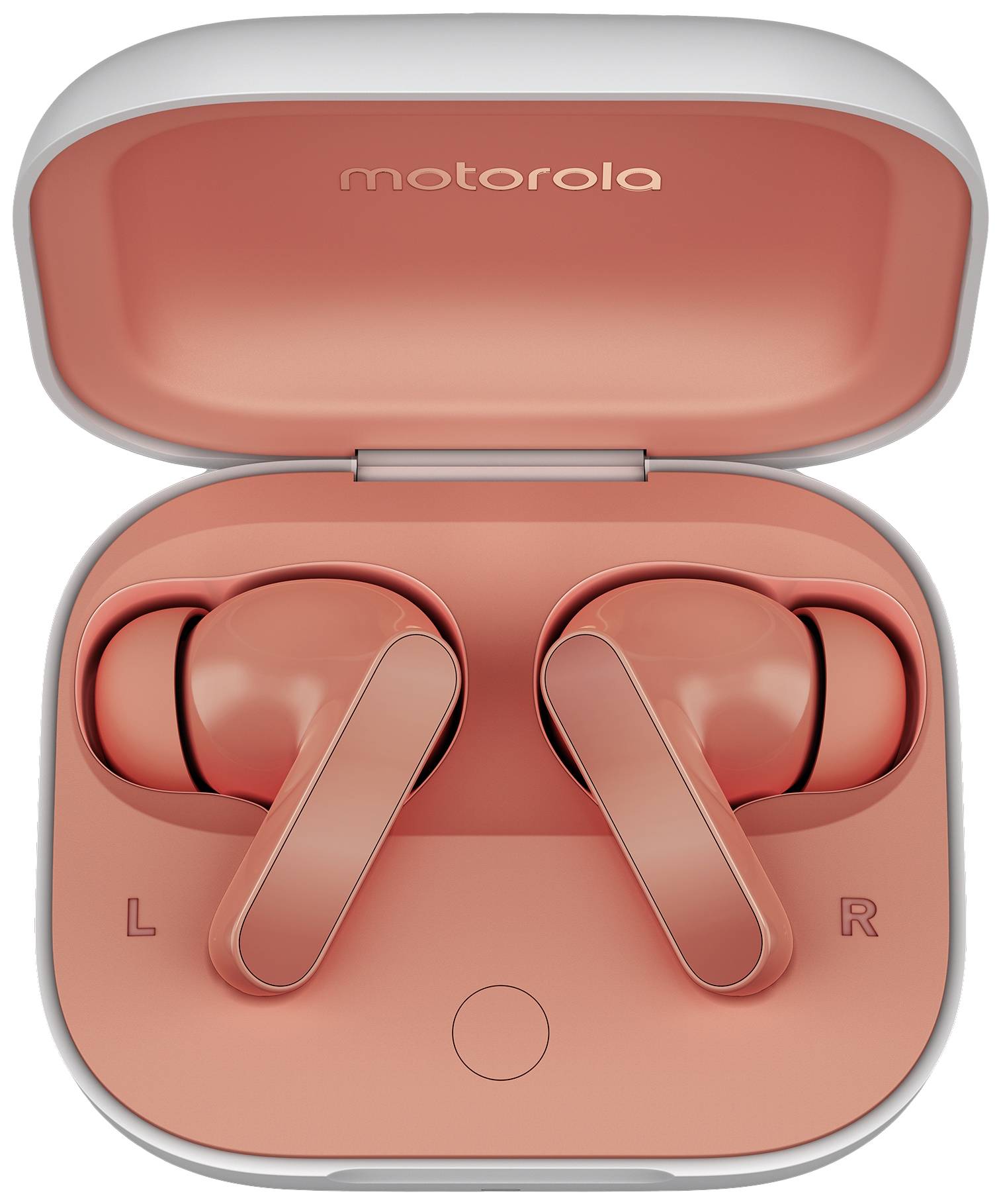 Orangefarbene kabellose Ohrhörer von Motorola in einer passenden Ladebox, mit den Buchstaben 'L' und 'R' zur Kennzeichnung der Seiten.