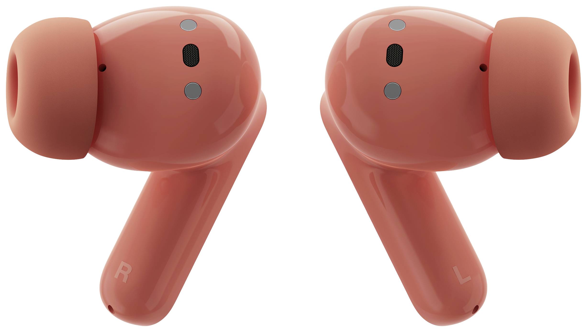 Zwei rote kabellose Ohrhörer mit Silikonaufsätzen, gekennzeichnet als 'R' für rechts und 'L' für links.