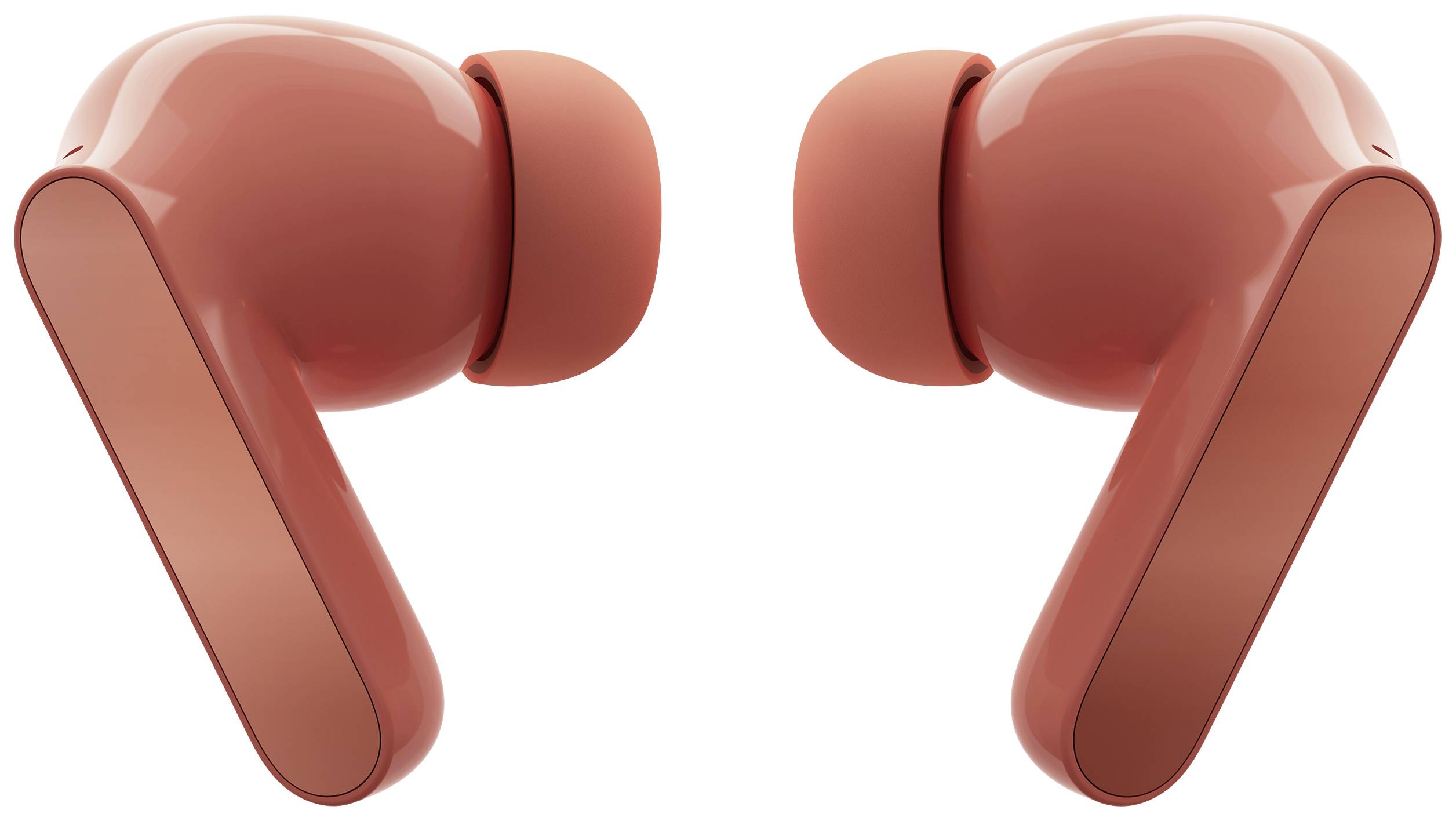 Rote kabellose In-Ear-Kopfhörer mit glatter Oberfläche und abgerundeten Enden, auf weißem Hintergrund dargestellt.