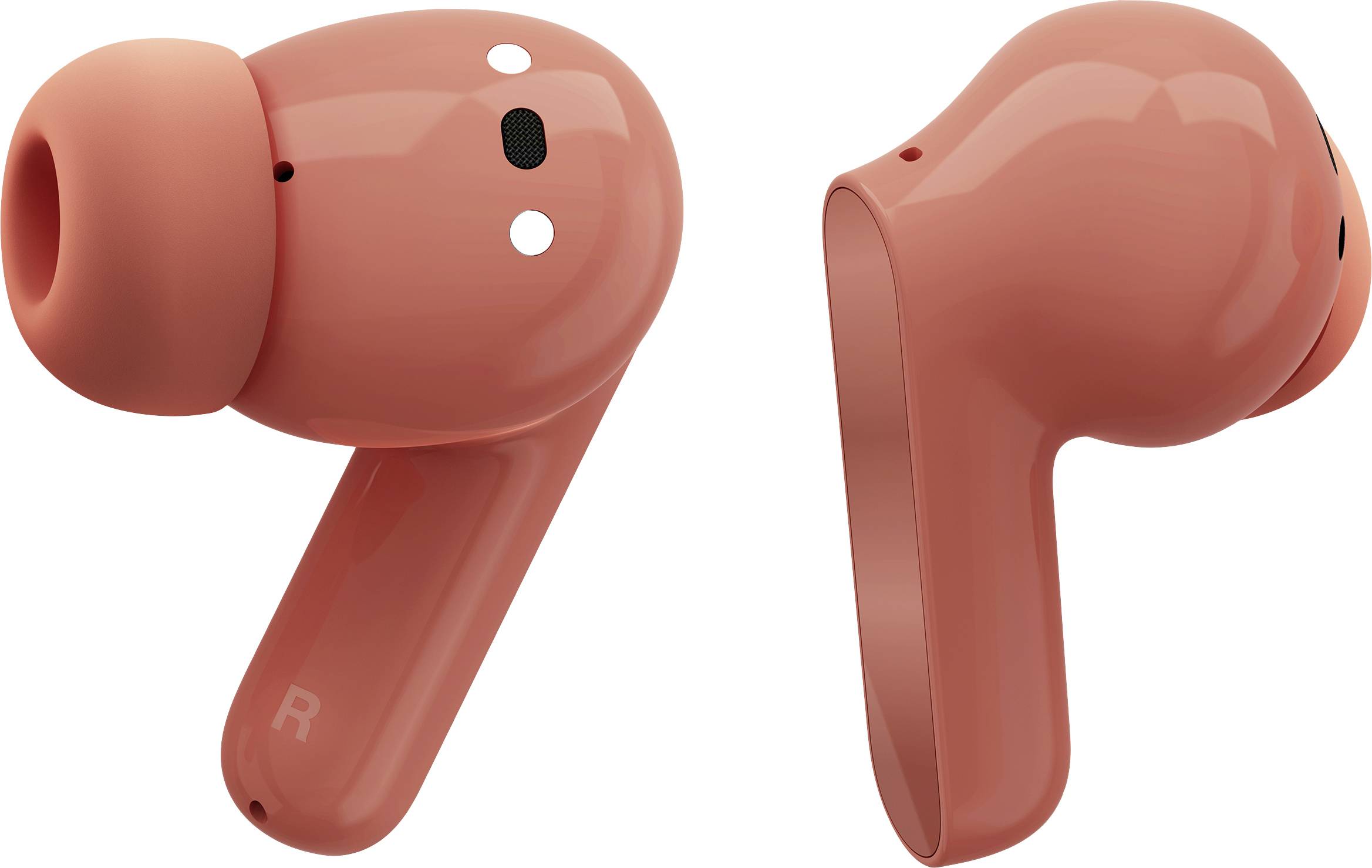 Zwei kabellose, ovale Ohrhörer in Korallenfarbe. Einer zeigt die Vorderseite, der andere die Seite. Sie haben kleine Öffnungen.