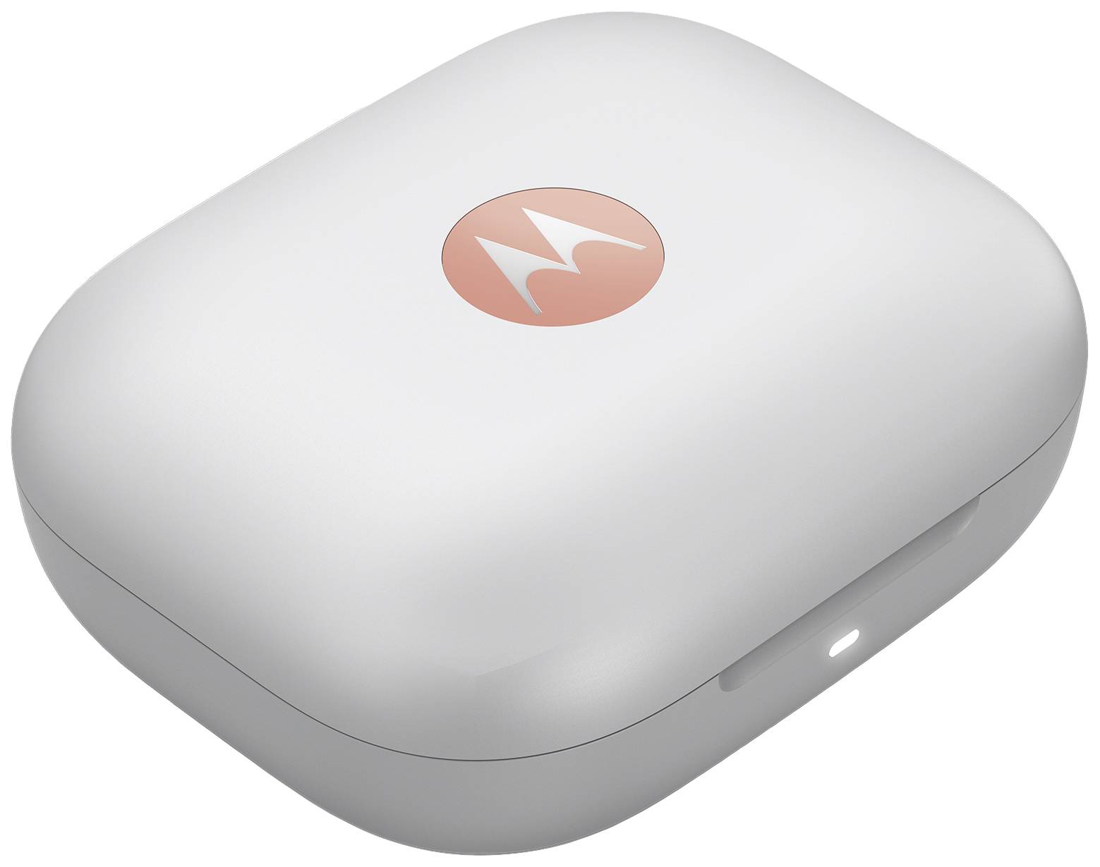 Ein weißes, rechteckiges Ladeetui mit abgerundeten Ecken und dem Motorola-Logo auf der Oberseite.