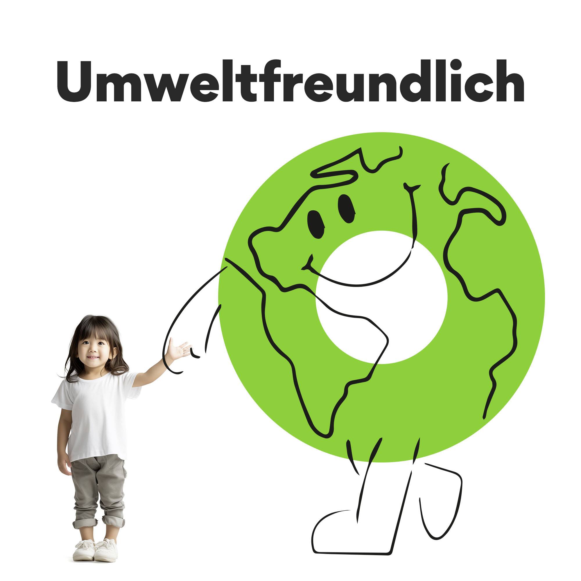 Ein Kind hält die Hand einer gezeichneten, grünen, lachenden Weltkugel. Oben steht 'Umweltfreundlich'.