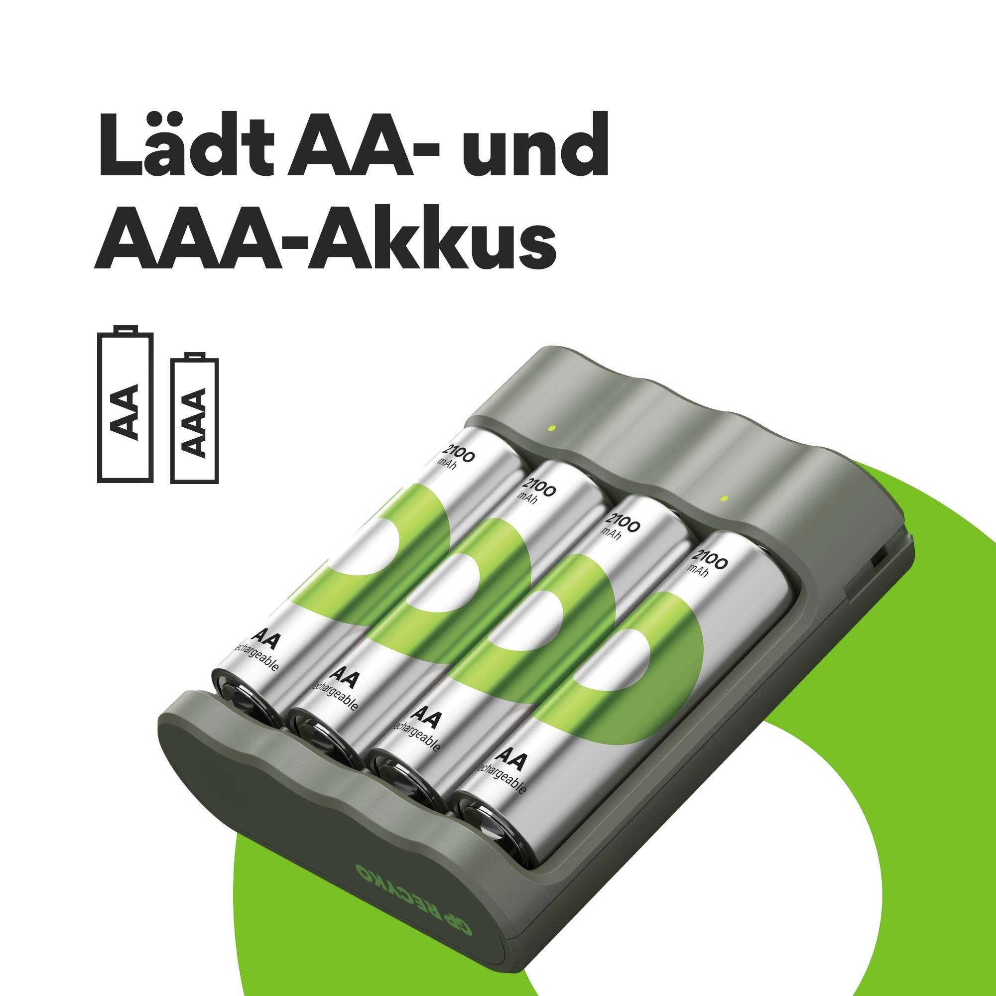 Ein Ladegerät lädt zwei AA- und zwei AAA-Akkus. Text: 'Lädt AA- und AAA-Akkus'. Symbole von AA- und AAA-Batterien.