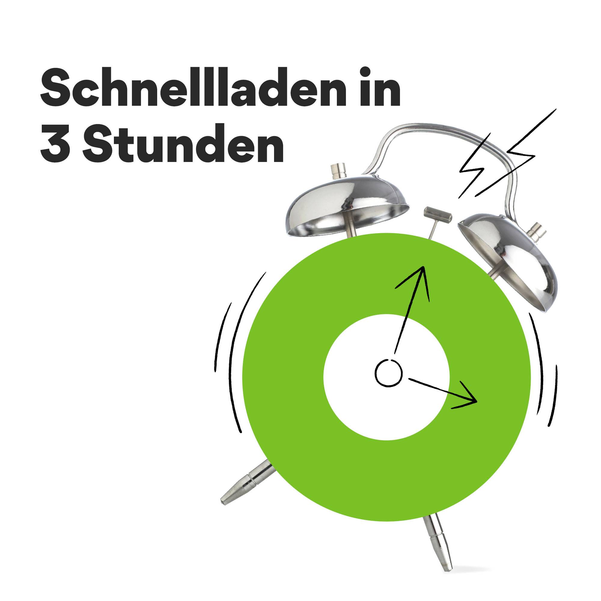 Ein grüner Wecker mit dem Text 'Schnellladen in 3 Stunden'. Oberer Teil eines traditionellen Weckers, um schnelle Ladezeit zu symbolisieren.