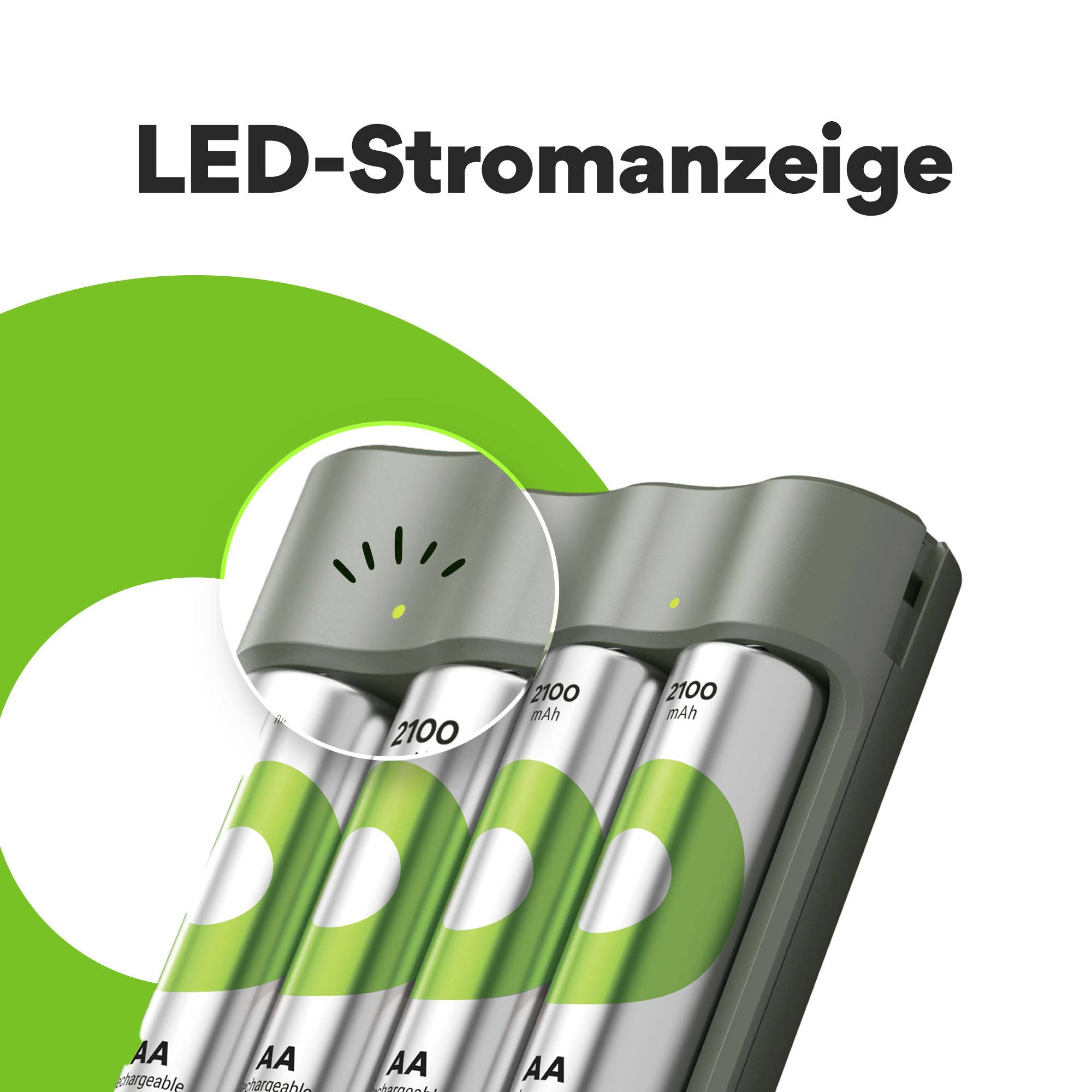 'LED-Stromanzeige' zeigt Ladestand von vier AA-Batterien in einem Ladegerät. Batterien sind teilweise geladen, Anzeige leuchtet grün.