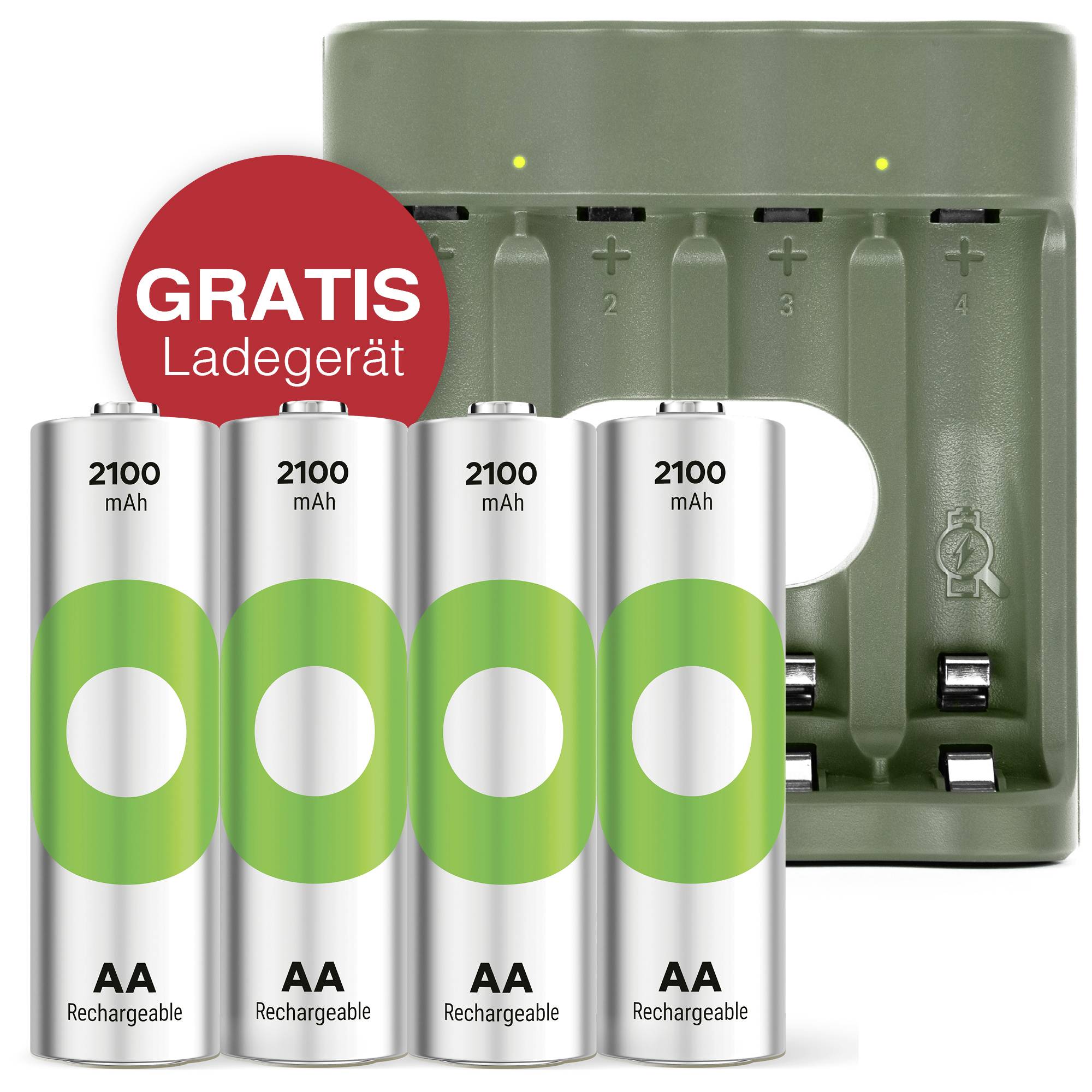 Vier wiederaufladbare AA-Batterien mit 2100 mAh vor einem Ladegerät. Ein roter Kreis mit der Aufschrift 'GRATIS Ladegerät' ist oben links.