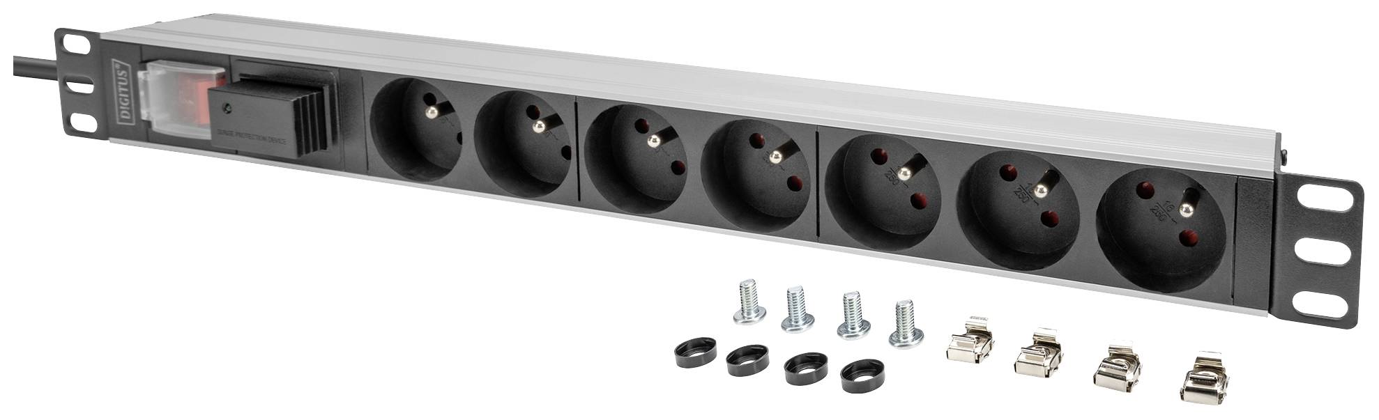 Mehrfachsteckdosenleiste mit sechs schwarzen Steckplätzen und Hauptschalter. Enthält Montagematerial und eine Netzschraube.