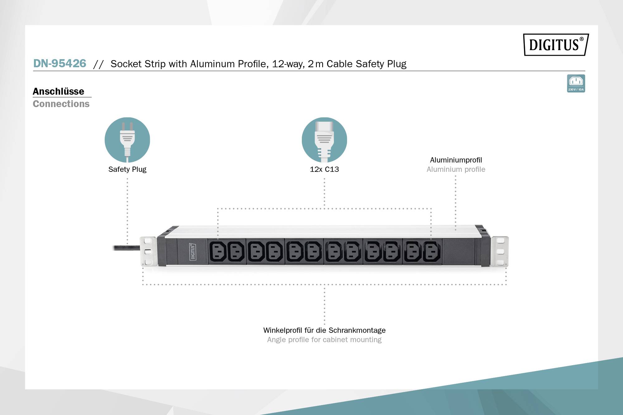 Digitus DN-95426 19 Zoll Netzwerkschrank-Steckdosenleiste 1 HE Kaltgeräte-Steckdose C13 10A Geeignet für Schranktiefe: ab 300mm