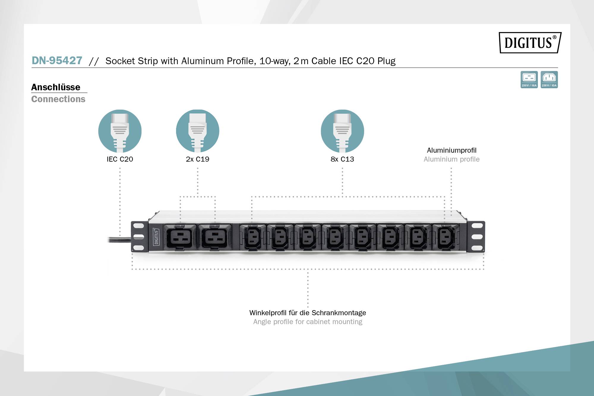 Digitus DN-95427 19 Zoll Netzwerkschrank-Steckdosenleiste 1 HE Kaltgeräte-Steckdose C13 10A Geeignet für Schranktiefe: ab 300mm