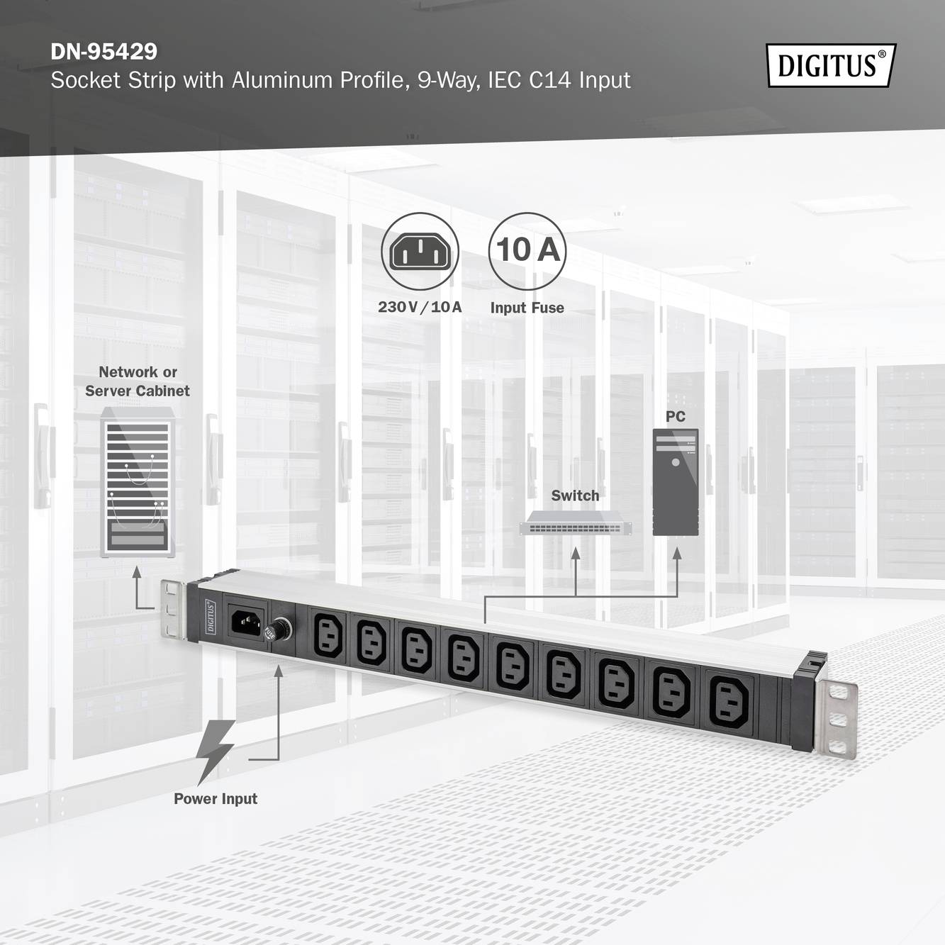 Digitus DN-95429 19 Zoll Netzwerkschrank-Steckdosenleiste 1 HE Kaltgeräte-Steckdose C13 10A Geeignet für Schranktiefe: ab 300mm