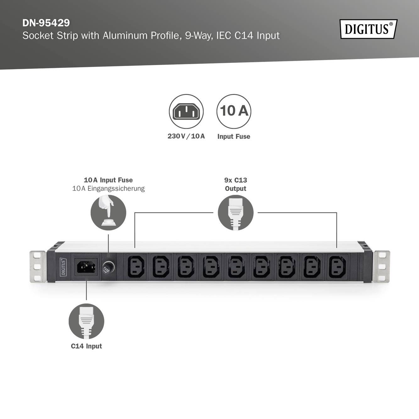 Digitus DN-95429 19 Zoll Netzwerkschrank-Steckdosenleiste 1 HE Kaltgeräte-Steckdose C13 10A Geeignet für Schranktiefe: ab 300mm