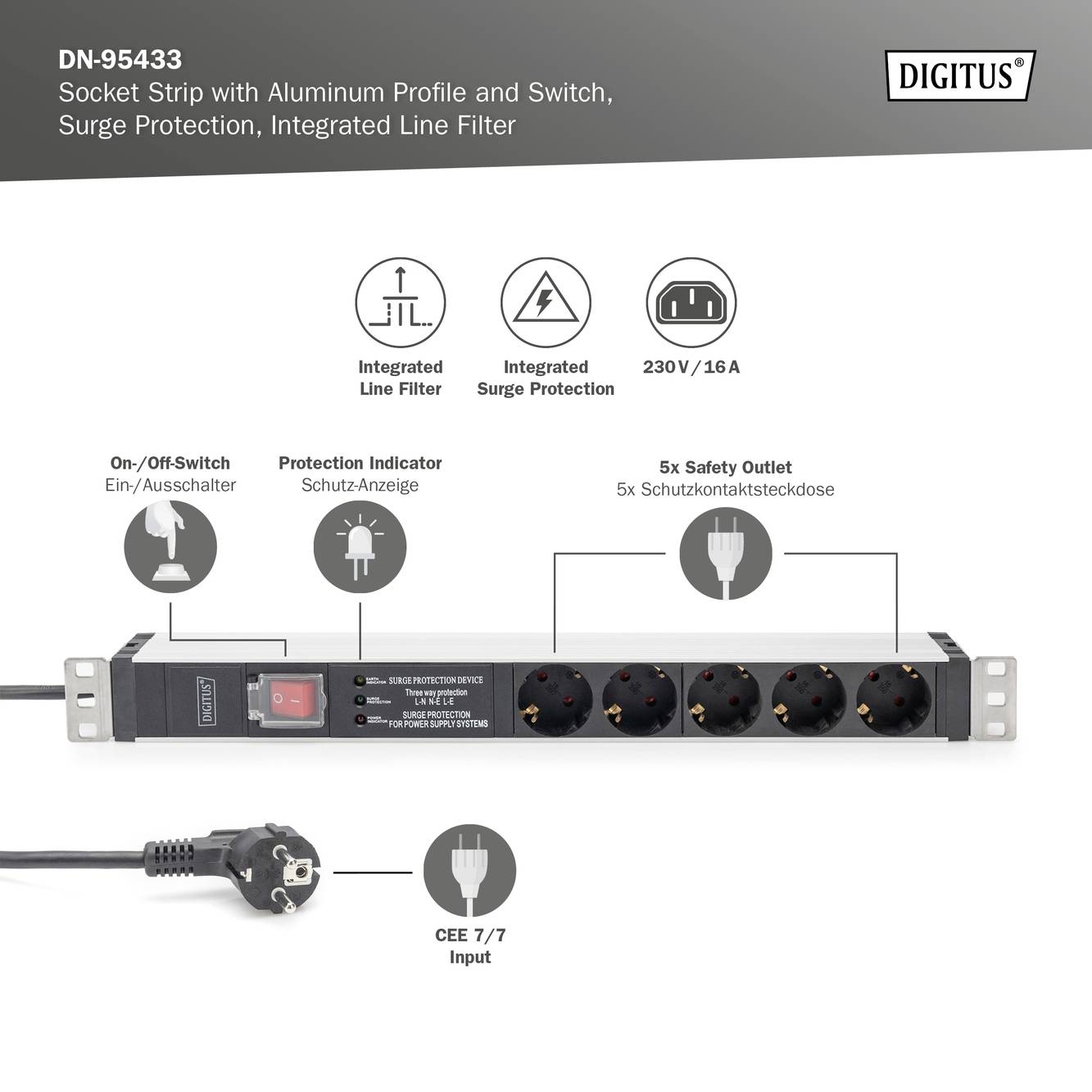 Digitus DN-95433 19 Zoll Netzwerkschrank-Steckdosenleiste 1 HE Schutzkontaktsteckdose Geeignet für Schranktiefe: ab 300mm