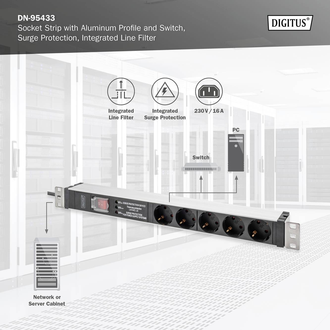 Digitus DN-95433 19 Zoll Netzwerkschrank-Steckdosenleiste 1 HE Schutzkontaktsteckdose Geeignet für Schranktiefe: ab 300mm