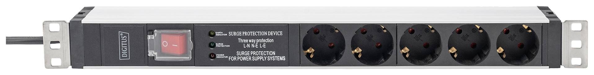 Eine Steckdosenleiste mit fünf Schuko-Steckplätzen und einem roten Ein-/Ausschalter.