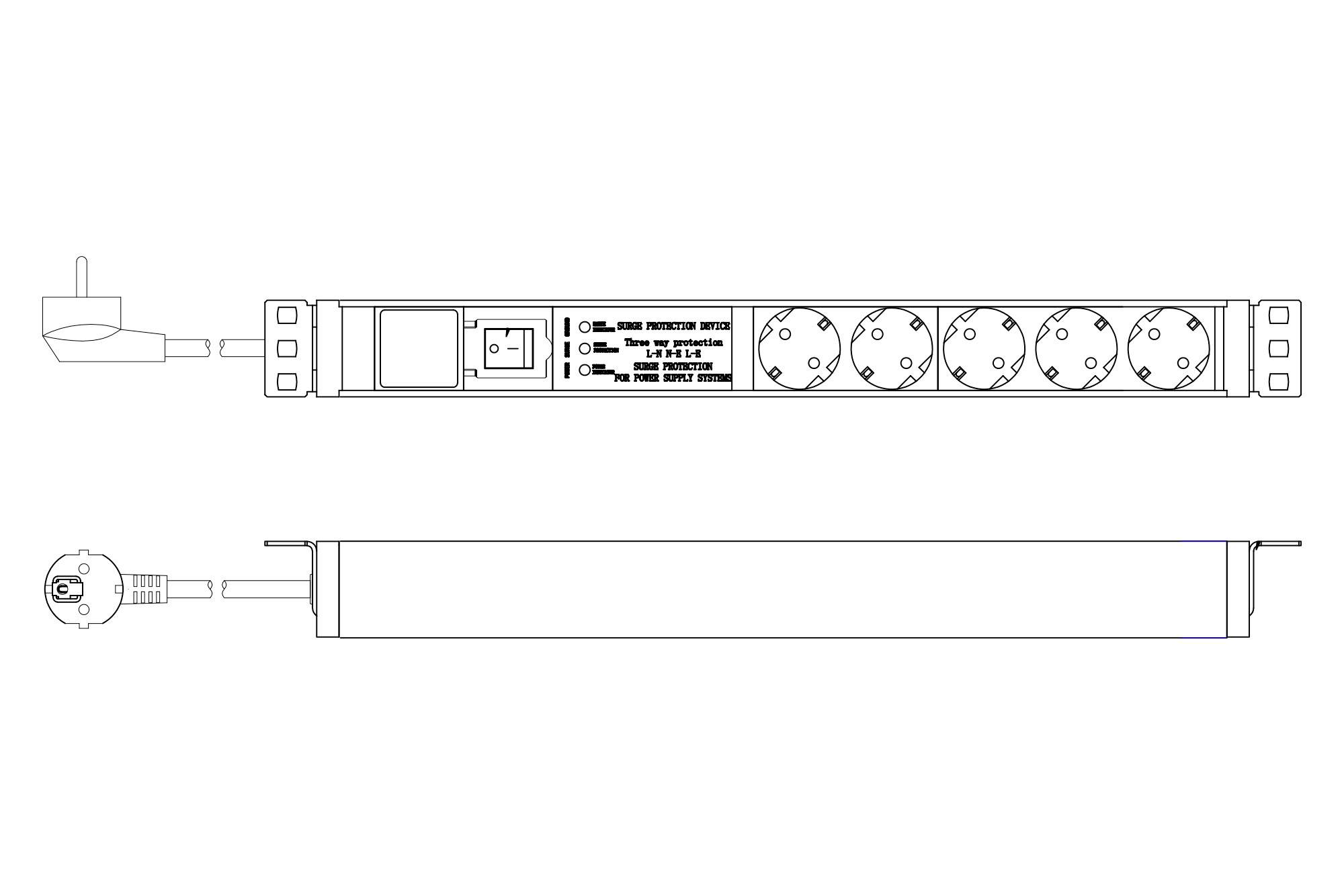 Zeichnung einer Steckdosenleiste mit fünf Steckplätzen und Ein-/Aus-Schalter, seitliche und frontale Ansicht.