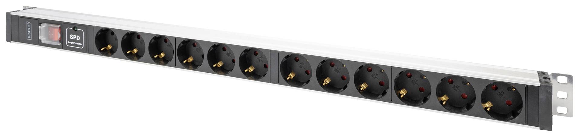 Steckdosenleiste mit 12 Anschlüssen, Schalter und Überspannungsschutz, geeignet für Serverracks.