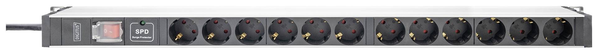 Mehrfachsteckdose mit zehn schwarzen Steckplätzen und einem roten Schalter links. Geeignet für die Versorgung mehrerer Geräte.