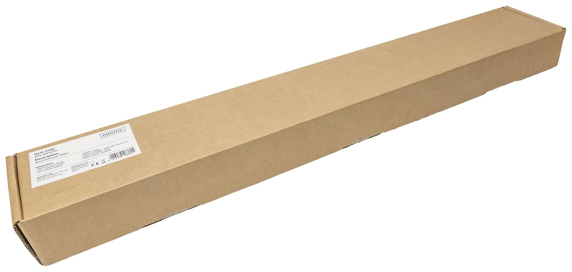 Ein langer, schmaler, brauner Karton mit Etikett. Enthält wahrscheinlich ein zusammengebautes Möbelteil oder ein langes Produkt.