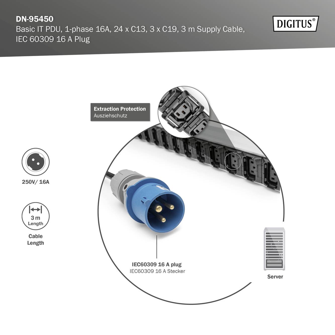 Digitus DN-95450 19 Zoll Netzwerkschrank-Steckdosenleiste Kaltgeräte-Steckdose C13 10A Geeignet für Schranktiefe: ab 300mm Schwarz