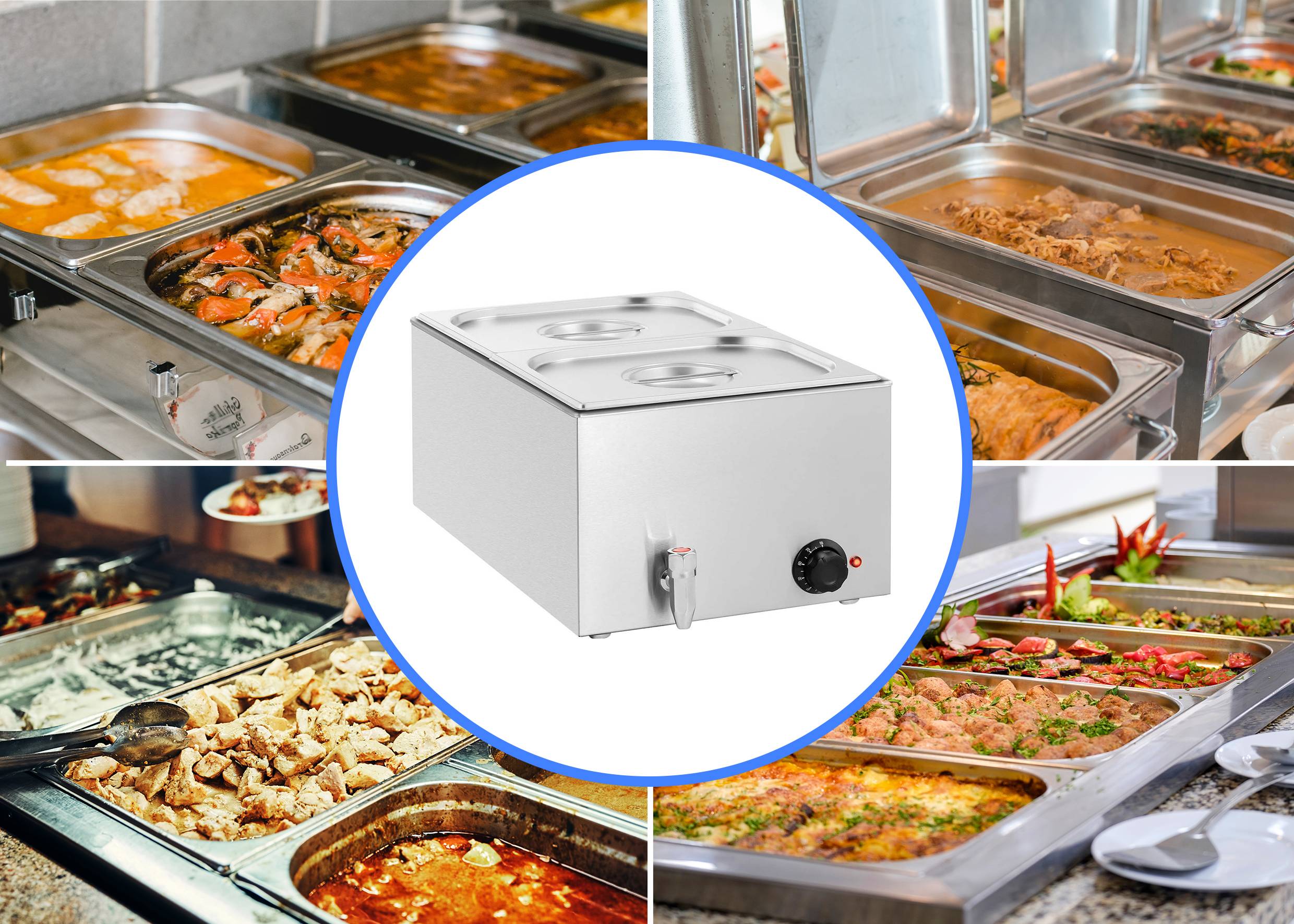 Buffet mit verschiedenen warmen Speisen wie Fleisch, Gemüse und Soßen. Im zentralen Bild ein elektrischer Speisenwärmer.