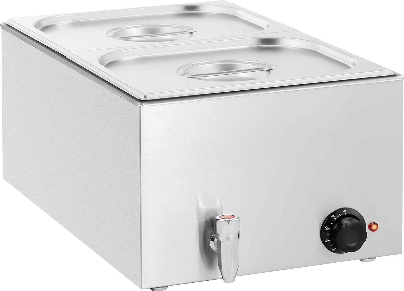 Edelstahl-Warmhaltebehälter mit zwei abnehmbaren Deckeln und Drehregler zur Temperaturkontrolle. Ideal für Buffet oder Catering.