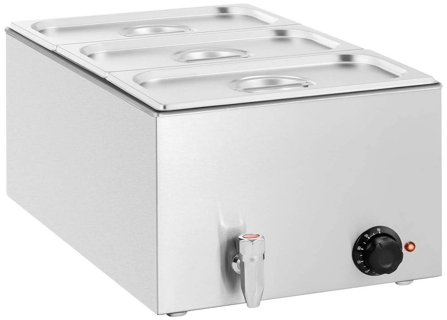 Edelstahl-Bain-Marie mit drei Behältern und Ablasshahn, seitliche Temperatursteuerung, geeignet zum Warmhalten von Speisen.