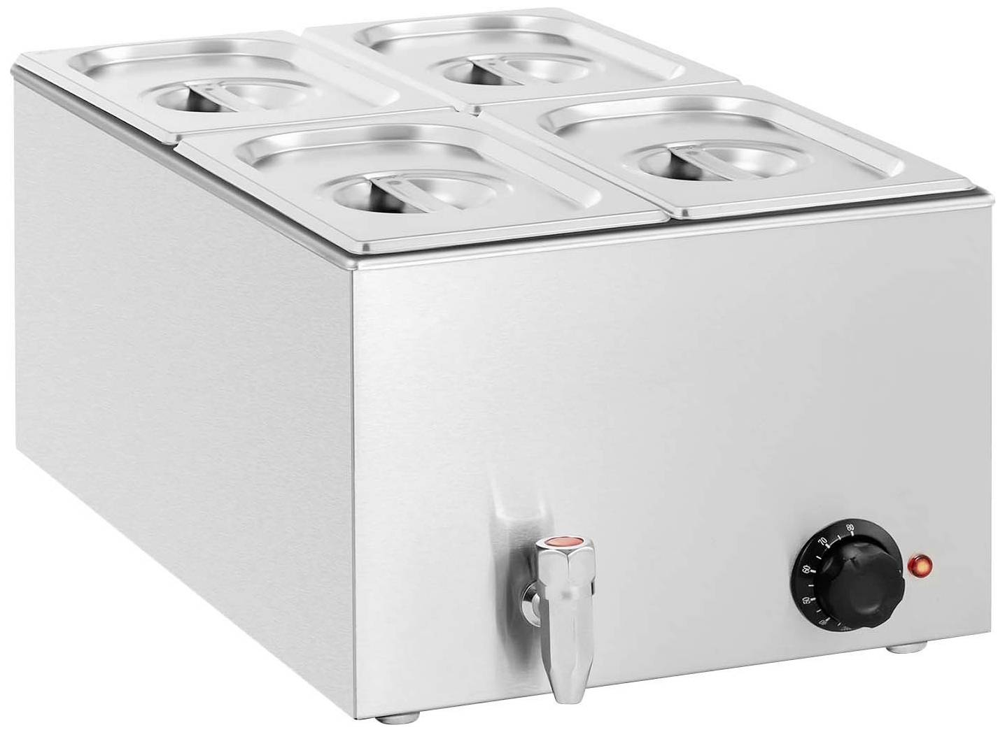 Edelstahl-Bain-Marie mit sechs GN-Behältern und Wasserhahn, Temperaturregler an der Seite. Ideal für Buffets oder Großküchen.