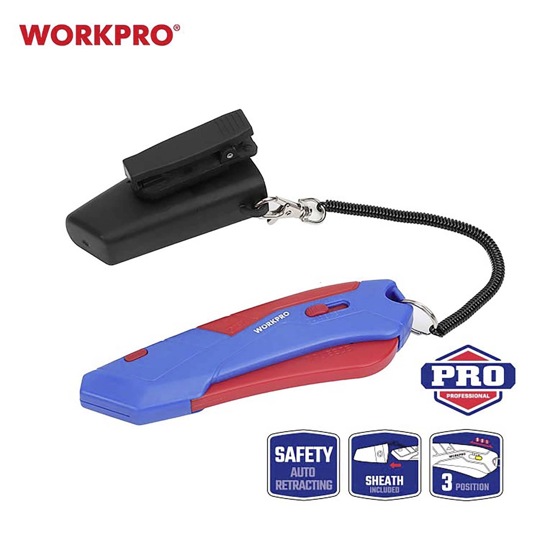 Ein blau-rotes Sicherheitsmesser von WORKPRO mit versenkbarer Klinge und einem schwarzen Halter. Produktlogos für Sicherheit und Funktionen.