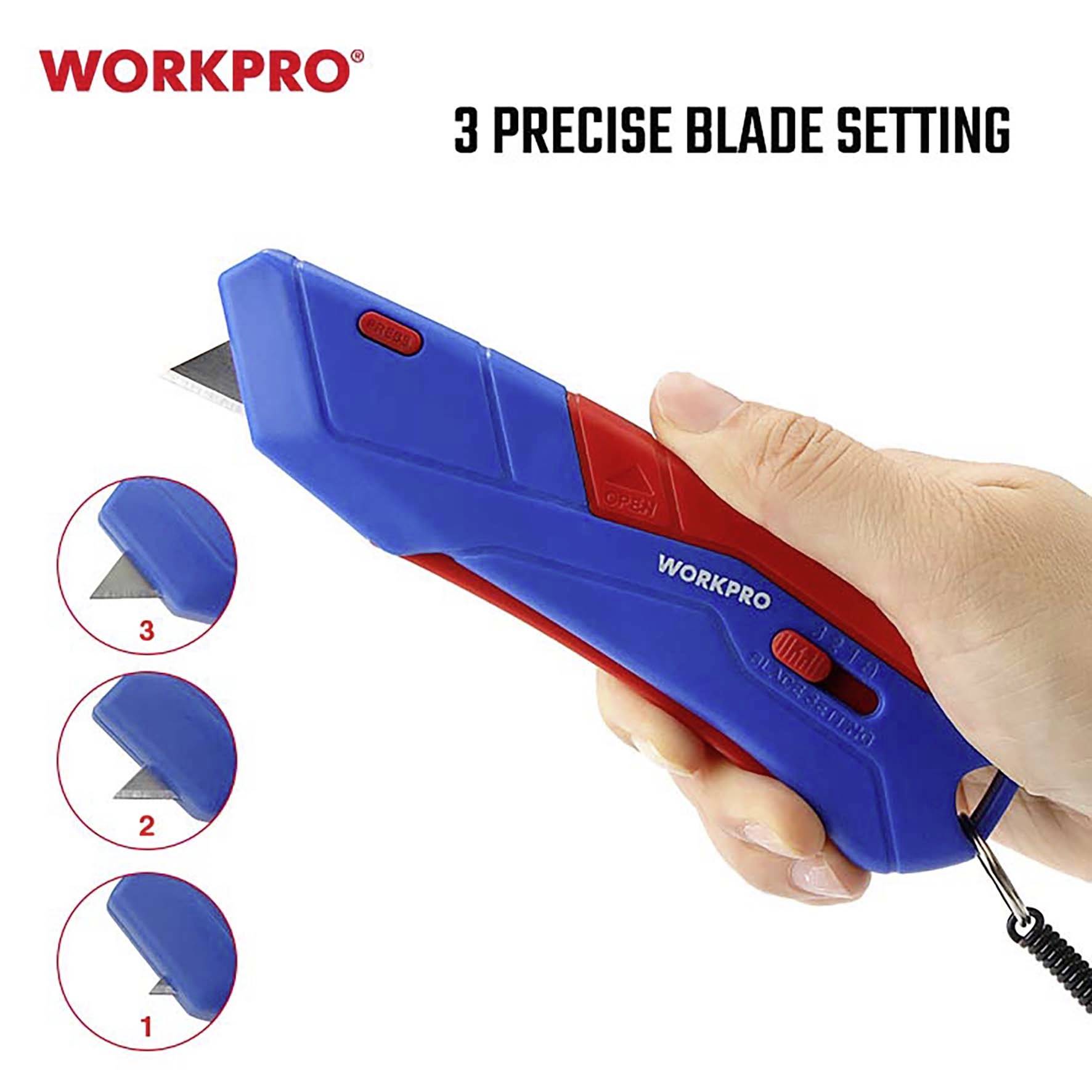 'WORKPRO'-Kartonmesser mit blauer und roter Hülle, zeigt drei präzise Klingen-Einstellungen. Hand positioniert den Schieberegler.