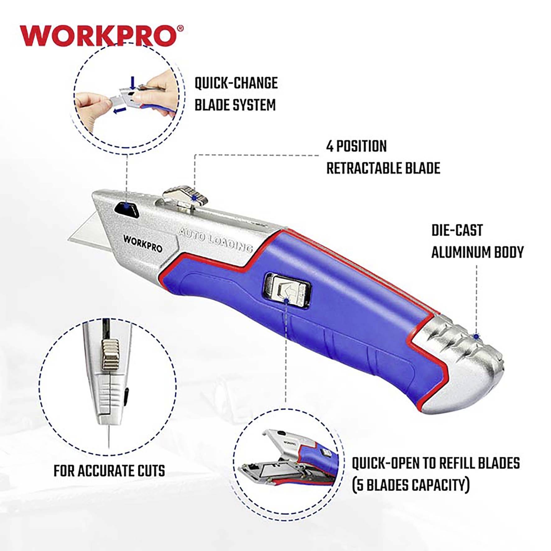 'WORKPRO' Fertigungsmesser. Merkmale: Schnellwechselsystem, klingenverstellbar in 4 Positionen, Aluminiumgehäuse, präzise Schnitte, schnelles Nachfüllen von Klingen.