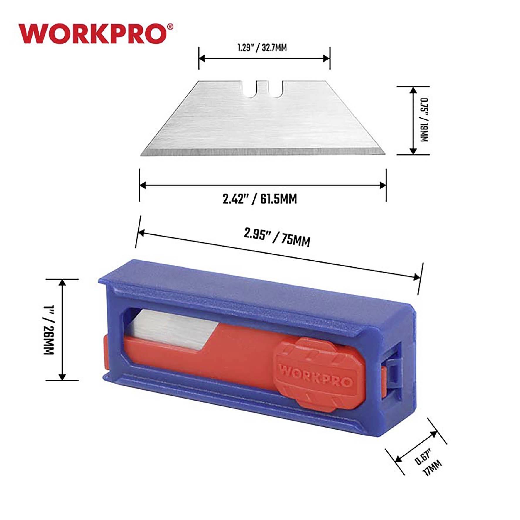 'WORKPRO' Trimmerklingenset mit roten Ersatzklingen in blauem Halter. Maße: Klinge 1,29 x 1,67 Zoll, Halter 2,95 x 1,1 x 0,79 Zoll.