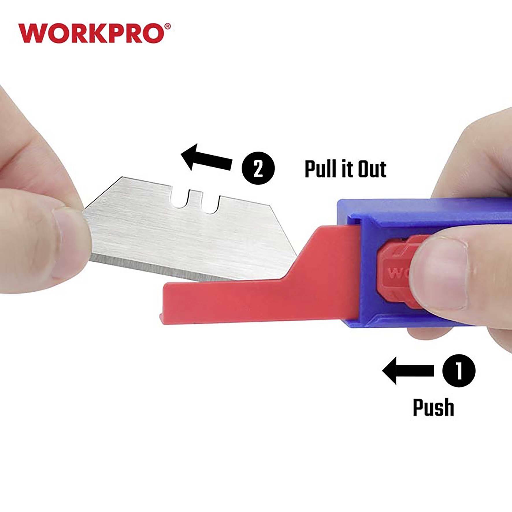 'WORKPRO' Sicherheitsmesser: Eine Hand drückt einen Knopf zum Schieben; die andere Hand zieht die Klinge heraus.