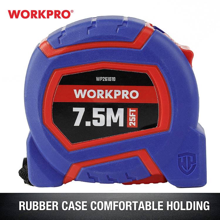 'WORKPRO 7,5M 25FT' Maßband mit gummiertem Gehäuse für komfortables Halten.