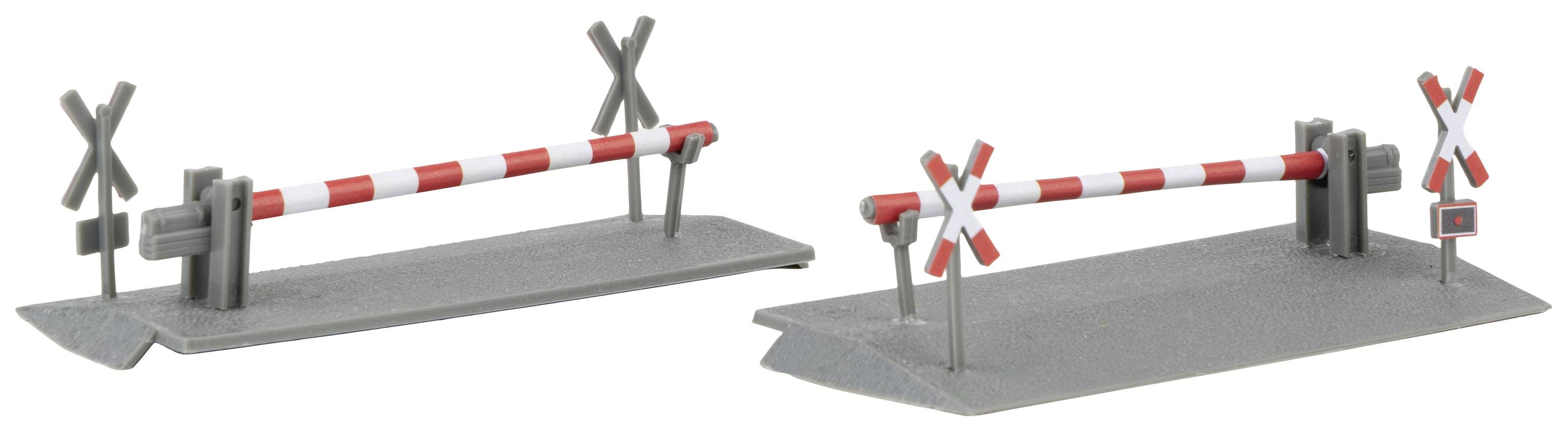 Zwei Modellbahnschranken in Grau mit rot-weißen Streifen, die sich schließen, auf einer grauen Basis, Symbol für Bahnübergänge.