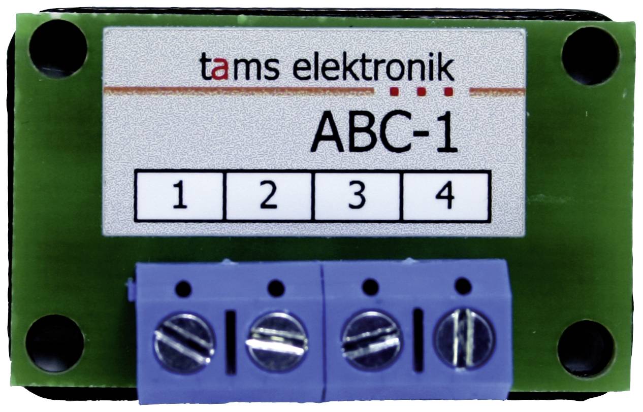 Elektronisches Modul mit der Aufschrift 'tams elektronik ABC-1'. Vier nummerierte Anschlüsse darunter.